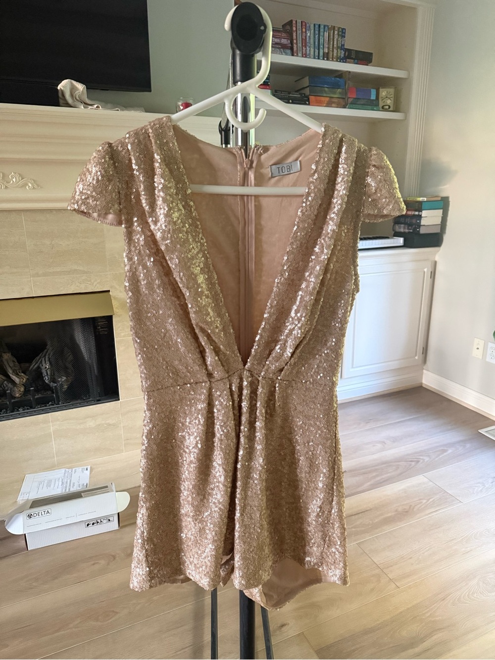 Tobi Deep V Gold Sequin Short Romper - Size Medium